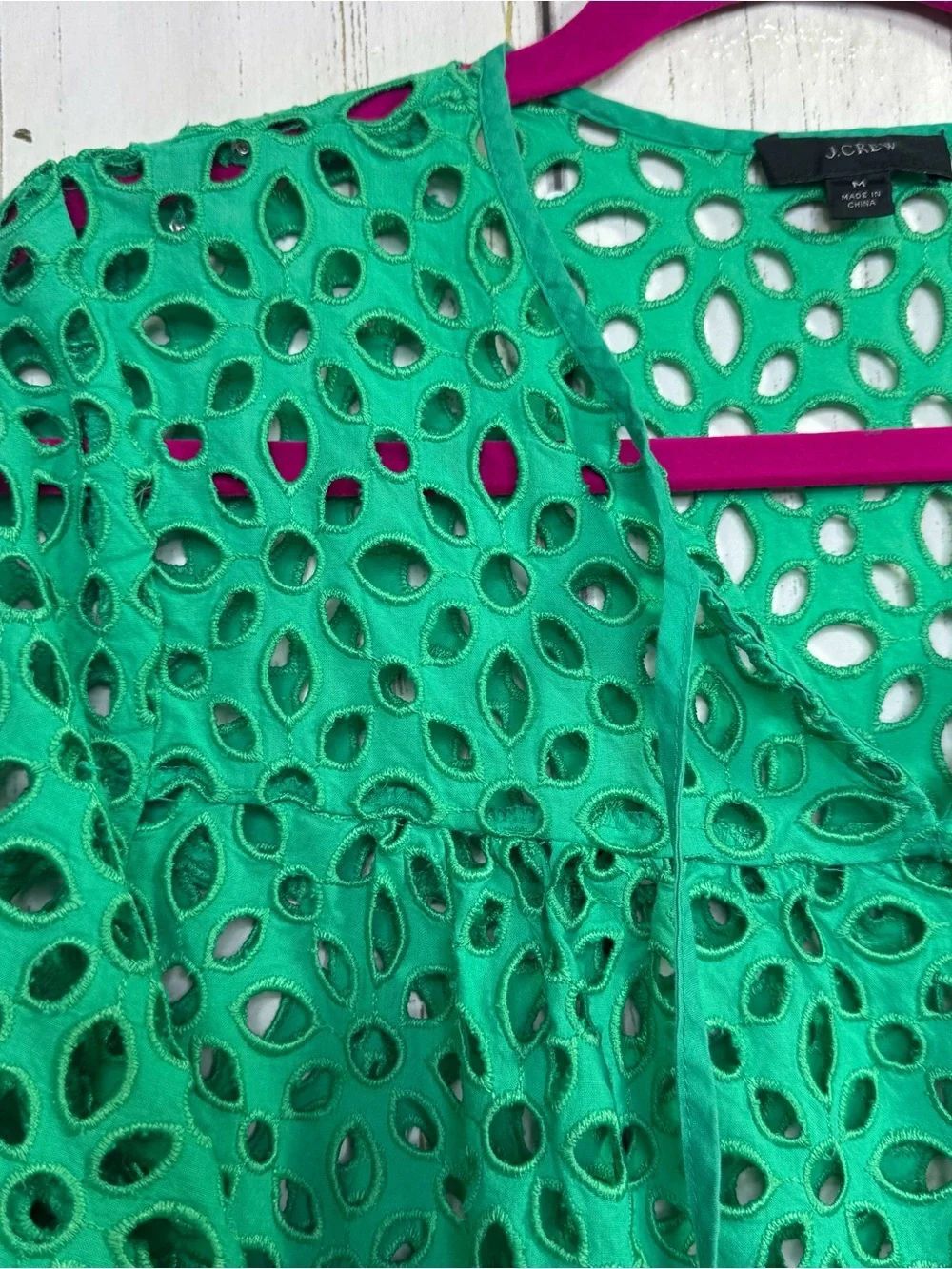 J.Crew Green Eyelet Lace Boho Peasant Blouse Cottagecore Resort Coastal Top M - Picture 2 of 13